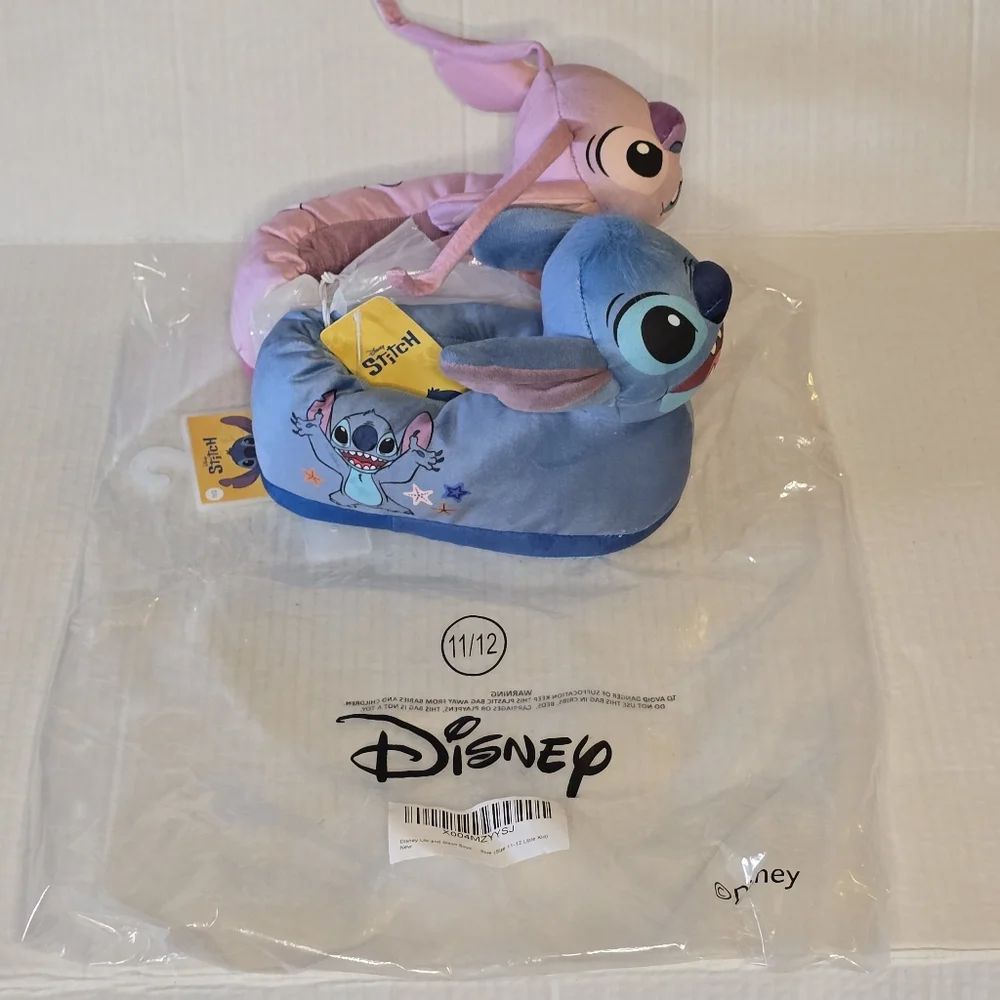 Disney Stitch & Angel Slippers Kids Size 11/12 Plush Lilo & Stitch Blue Pink